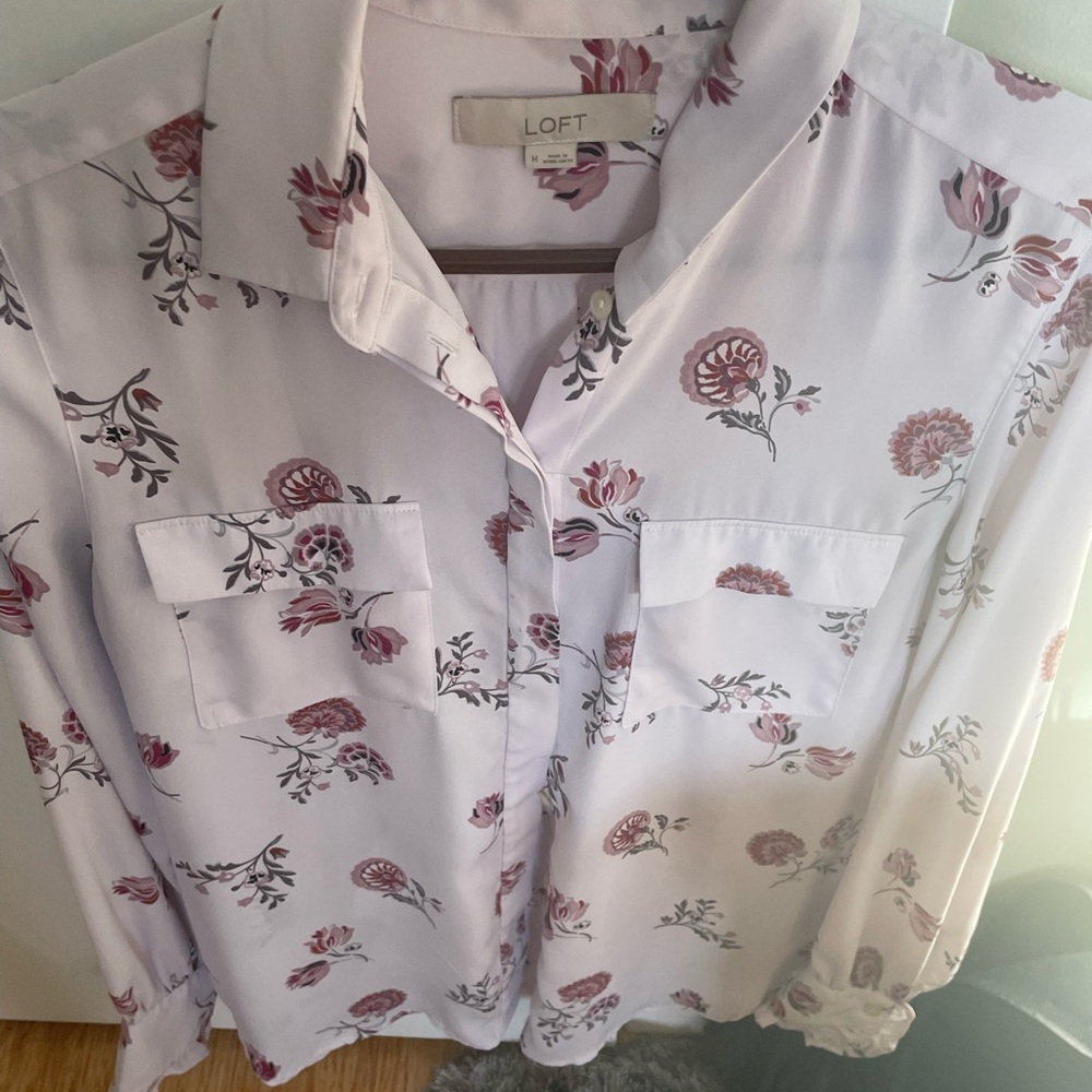 LOFT White and Pink Floral Blouse